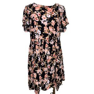 Forever 21+ Floral Babydoll Dress Women’s XL Black Pink Short Sleeve Plus Size